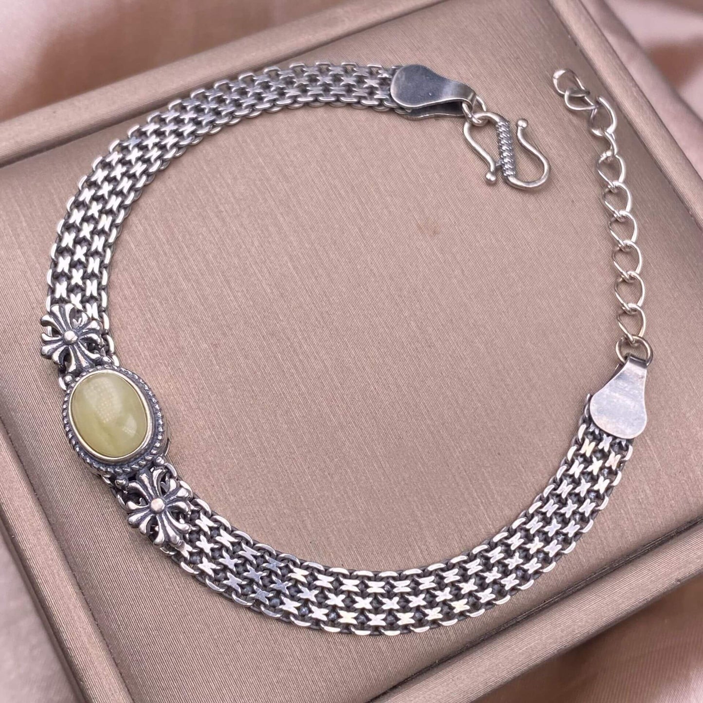 Ghost Amber Sea pattern stone, grape stone, Golden Sun, blue crystal stone, abalone shell, old wax, purple dragon crystal, black opal, golden fortune stone, yellow crystal, opal Bracelet S925 silver inlaid retro silver jewelry Wide Tank Chain