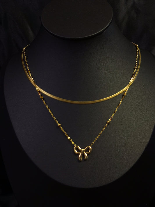 Double Layers Bow knot Necklace 18k gold-plated Titanium Steel Ball&snake chain Trendy Jewelry 2025 GMJN019