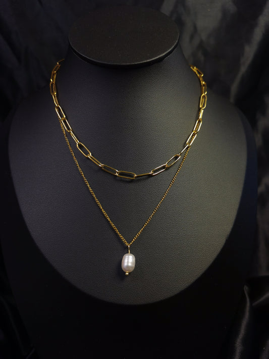 Double Layers Pearl Necklace 18k gold-plated Titanium Steel Cuban&Clip chain Trendy Jewelry 2025 GMJN020