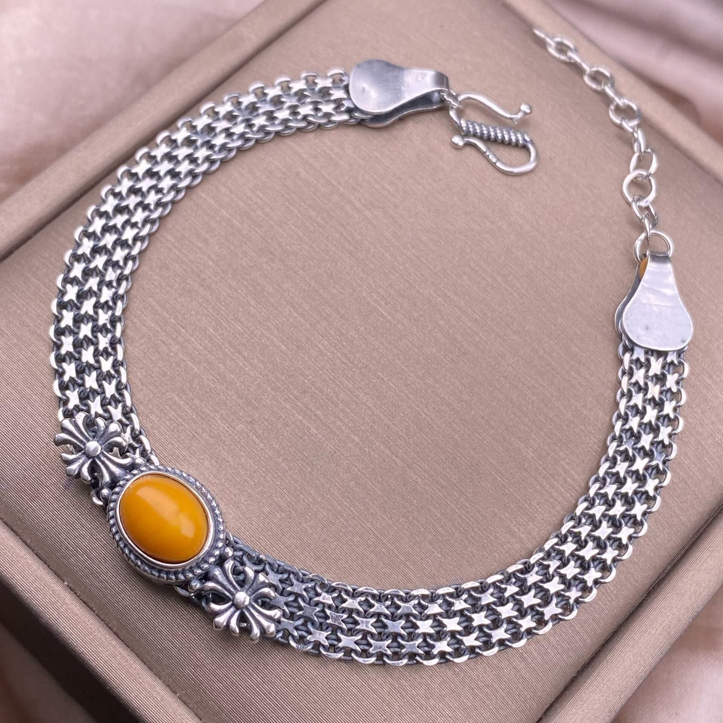 Ghost Amber Sea pattern stone, grape stone, Golden Sun, blue crystal stone, abalone shell, old wax, purple dragon crystal, black opal, golden fortune stone, yellow crystal, opal Bracelet S925 silver inlaid retro silver jewelry Wide Tank Chain