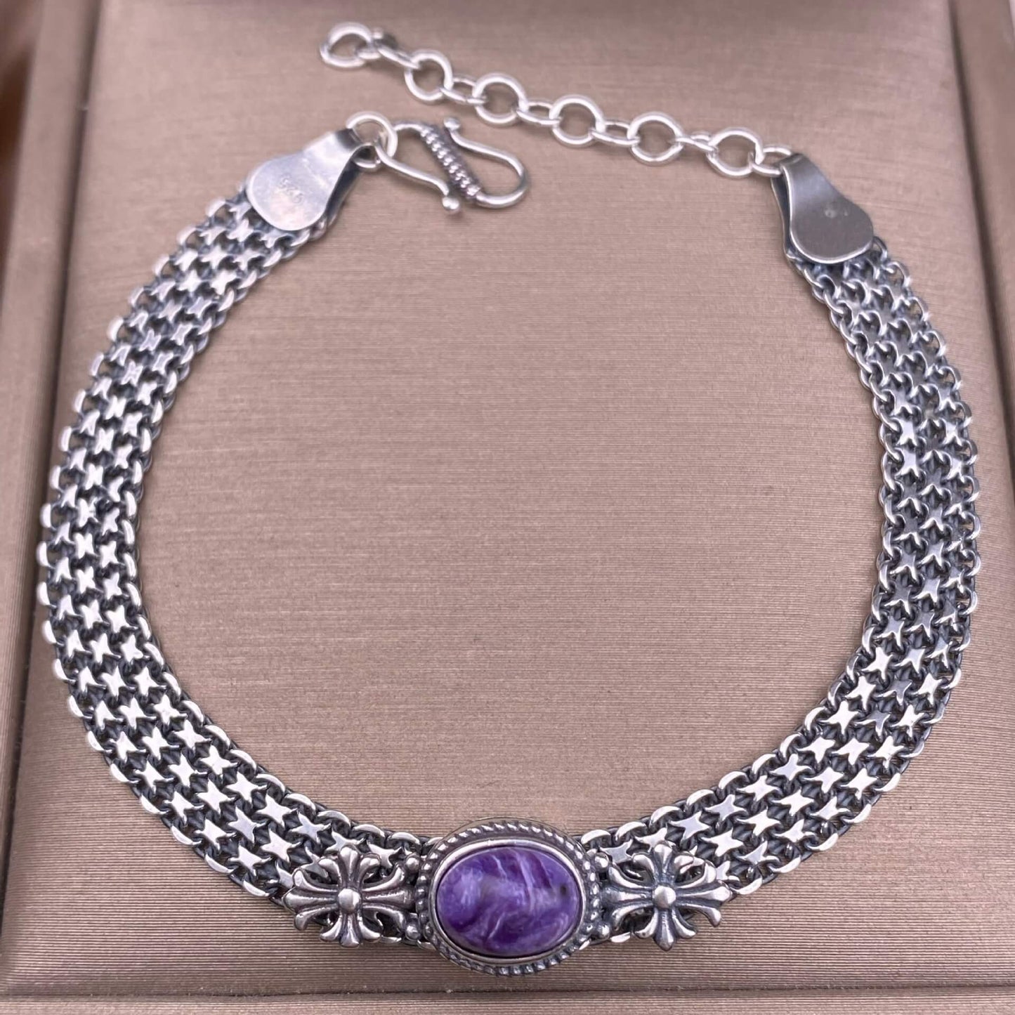 Ghost Amber Sea pattern stone, grape stone, Golden Sun, blue crystal stone, abalone shell, old wax, purple dragon crystal, black opal, golden fortune stone, yellow crystal, opal Bracelet S925 silver inlaid retro silver jewelry Wide Tank Chain